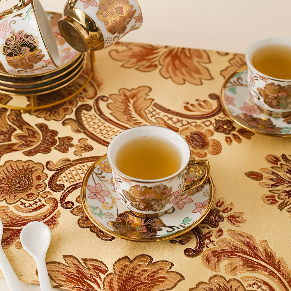 Floral Ceramic Tea Set 20 Pcs – European Porcelain Tea Cups & Saucers with Metal Holder & 15 Oz Teapot – Luxury Arabic Coffee Cup Set