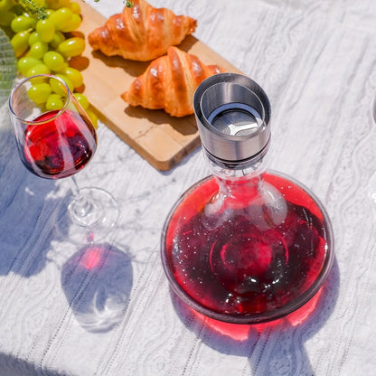 Wine Decanter Hand Blown Crystal Glass 1000ml Aerator Pourer Red Wine Carafe with Stainless Steel Aerator Lead-Free Clear Glass Perfect Gift