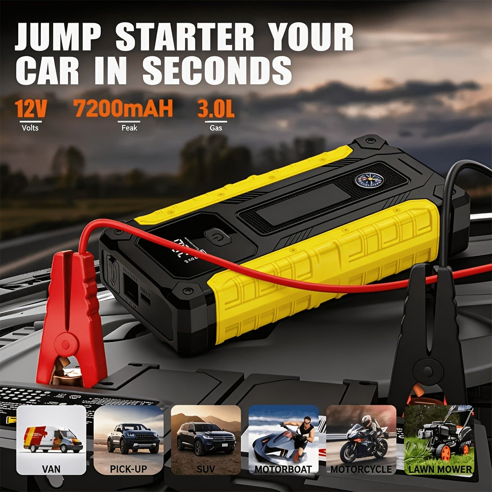 Portable Car Jump Starter with Tire Inflator – 3000A Peak 12V Battery Booster, USB Power Bank, LED Emergency Light