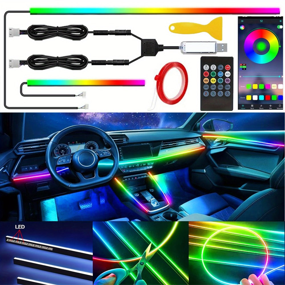 Car Interior Ambient Lighting Kit with Four Checkout Configurations, App-Button Control and Fiber-Style Strips