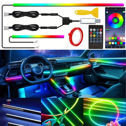 Car Interior Ambient Lighting Kit with Four Checkout Configurations, App-Button Control and Fiber-Style Strips
