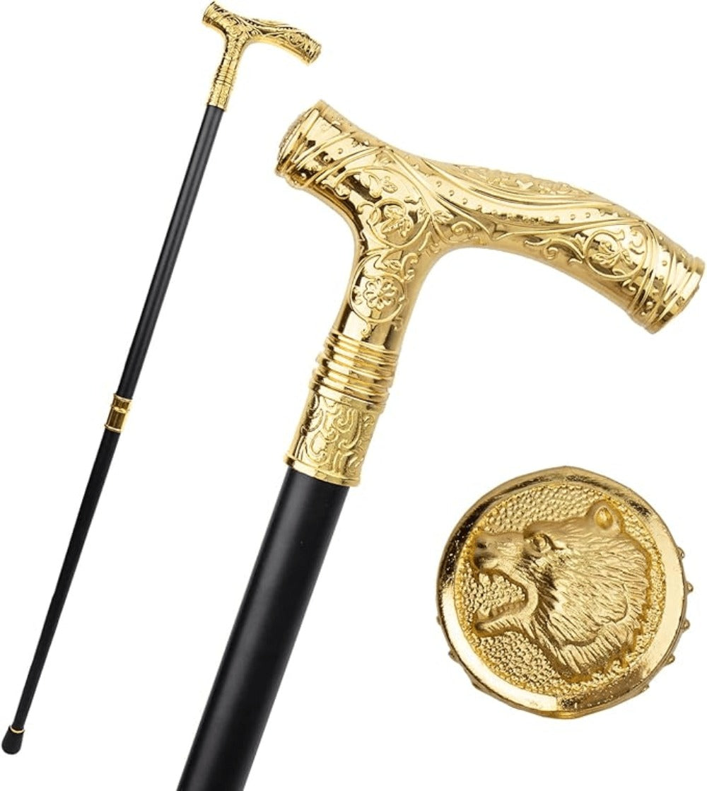 Walking Cane with Bear Head Handle Decorative Gentleman Stick Carved Flower Knob Cane Fashion Mobility Aid Staff 35.4 Inch Golden