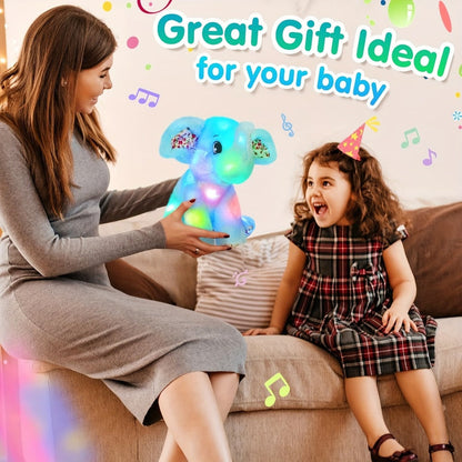 Plush Toy Blue Elephant with LED Glow and Optional Lullaby Music for Soft Room Display and Gifting