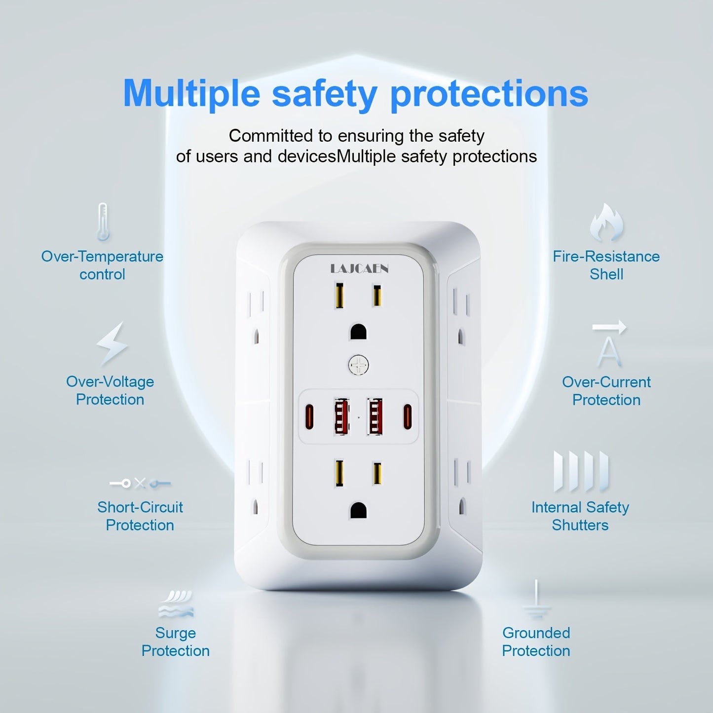 Outlet Splitter Wall Expander 10-in-1 with 6 AC Outlets 2 USB-A 2 USB-C Ports 3-Sided Plug for an Everyday Personal Care Routine