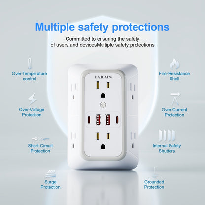 Outlet Splitter Wall Expander 10-in-1 with 6 AC Outlets 2 USB-A 2 USB-C Ports 3-Sided Plug for an Everyday Personal Care Routine