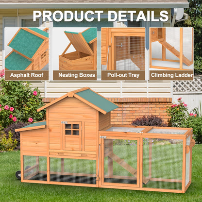 Portable Wooden Chicken Coop with Wheels, Nest Box and Wood Roof or Sunshine Board Run Option