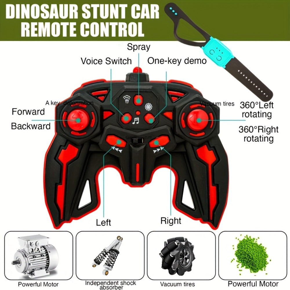 RC Monster Truck Dinosaur 2.4GHz 4WD Off-Road Remote Control Car with LED Lights Music Large Tires All-Terrain Stunt Vehicle Gift for Boys