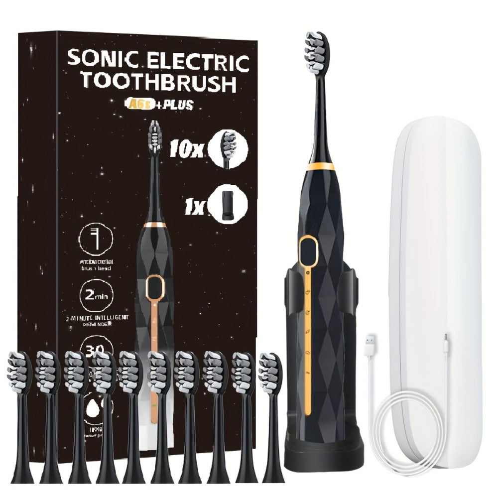 IPX8 Sonic Electric Toothbrush with 8 Replacement Brush Heads – Metal Shaft, USB Rechargeable 500mAh, Travel Case & Holder