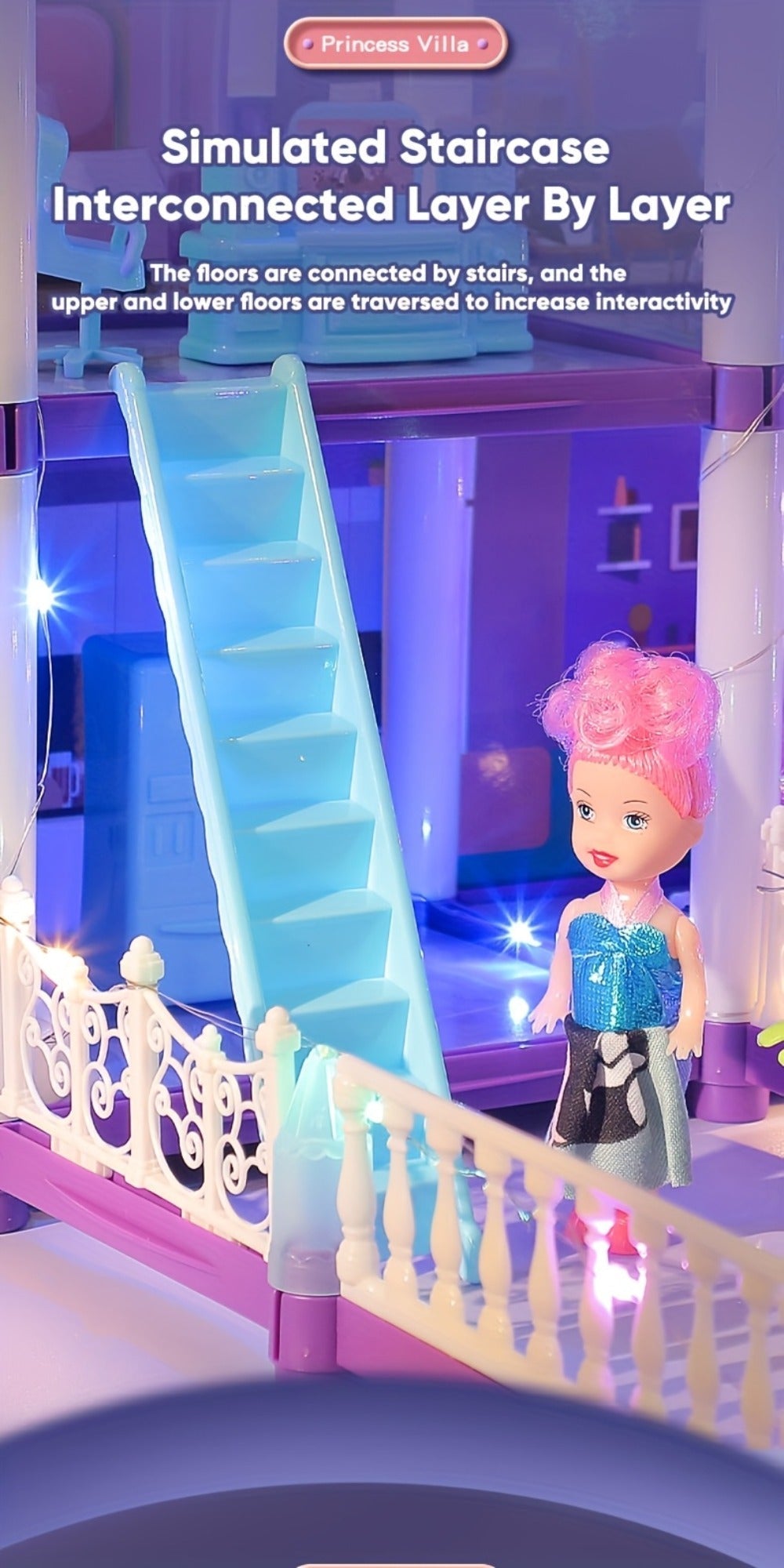 LED Dollhouse Playset for Girls, Purple Multi-Room Playhouse with Doll Figures, Puppies, Furniture & LED Lighting
