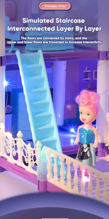 LED Dollhouse Playset for Girls, Purple Multi-Room Playhouse with Doll Figures, Puppies, Furniture & LED Lighting