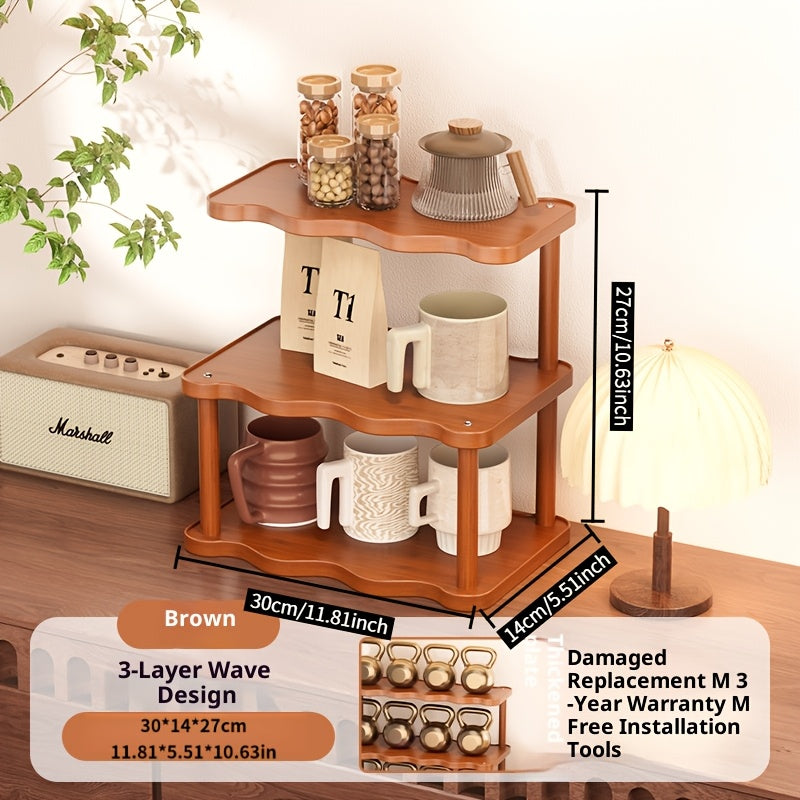 Cup Display Rack Kitchen Organizer 2 or 3 Tier Wave-Style Ladder Shelf in Six Brown Variant Options