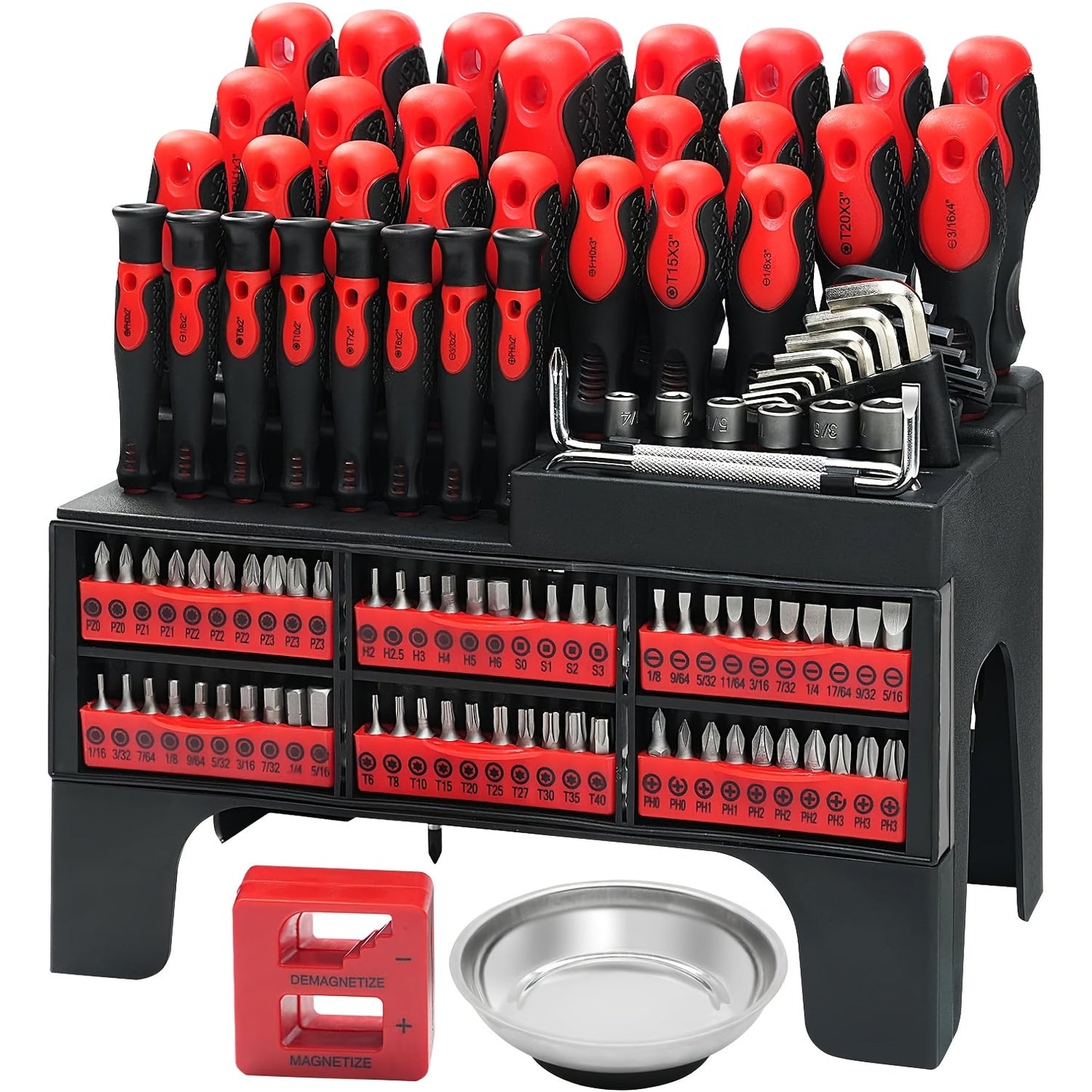 Screwdriver Organizer Set with 69- or 118-Piece Rack Configurations in Green, Red or Orange and Blue