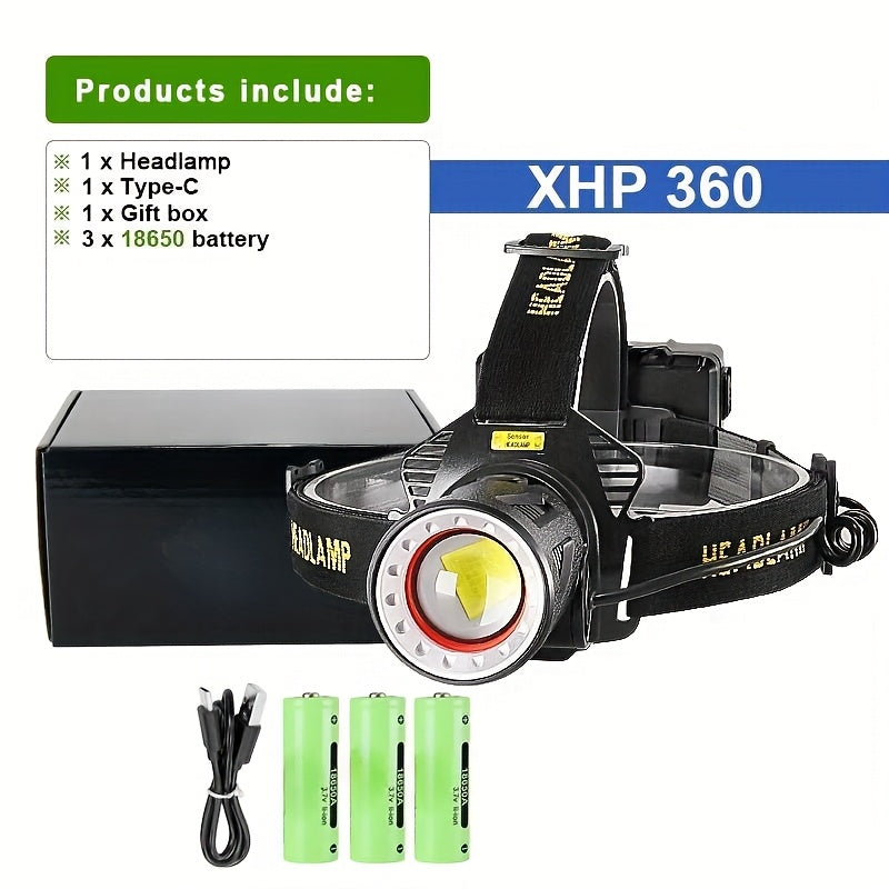 XHP360 Rechargeable Zoom Headlamp with IR Sensor, 500m Beam Label, 90° Tilt and Three 18650 Cells