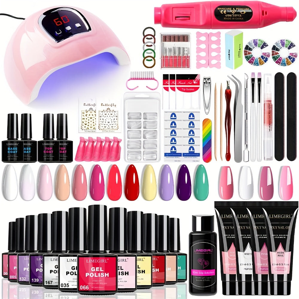 Gel Nail Polish Kit with UV Lamp & Electric Nail Drill – 12 Colors Gel Polish Set, Poly Extension Gel, Top &