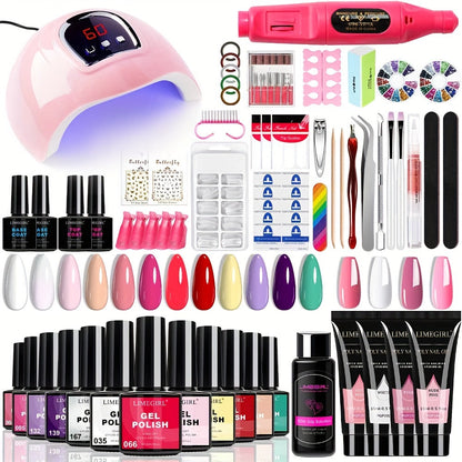 Gel Nail Polish Kit with UV Lamp & Electric Nail Drill – 12 Colors Gel Polish Set, Poly Extension Gel, Top &