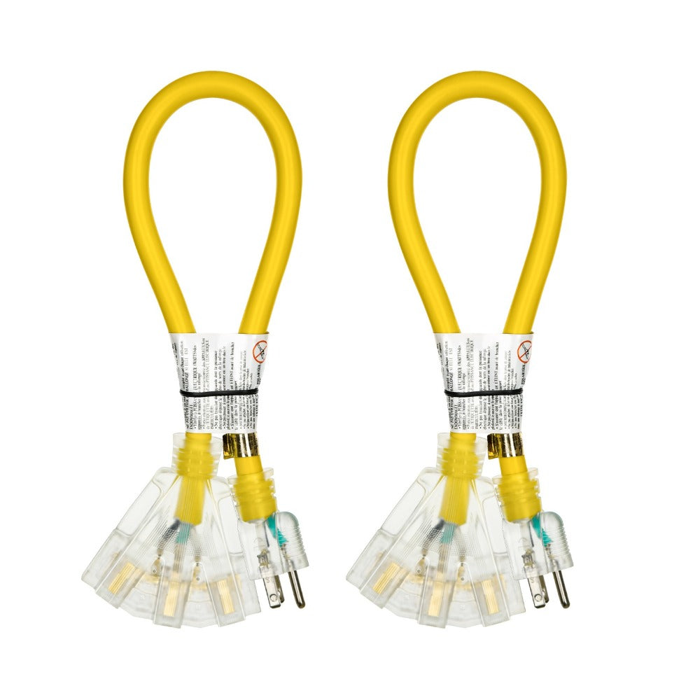 Extension Cord Splitter Tri-Tap 2-Pack, 15A SJTW Contractor Grade, LED Lighted Plug, 2ft Yellow Jacket for Outdoor & Job Site Use