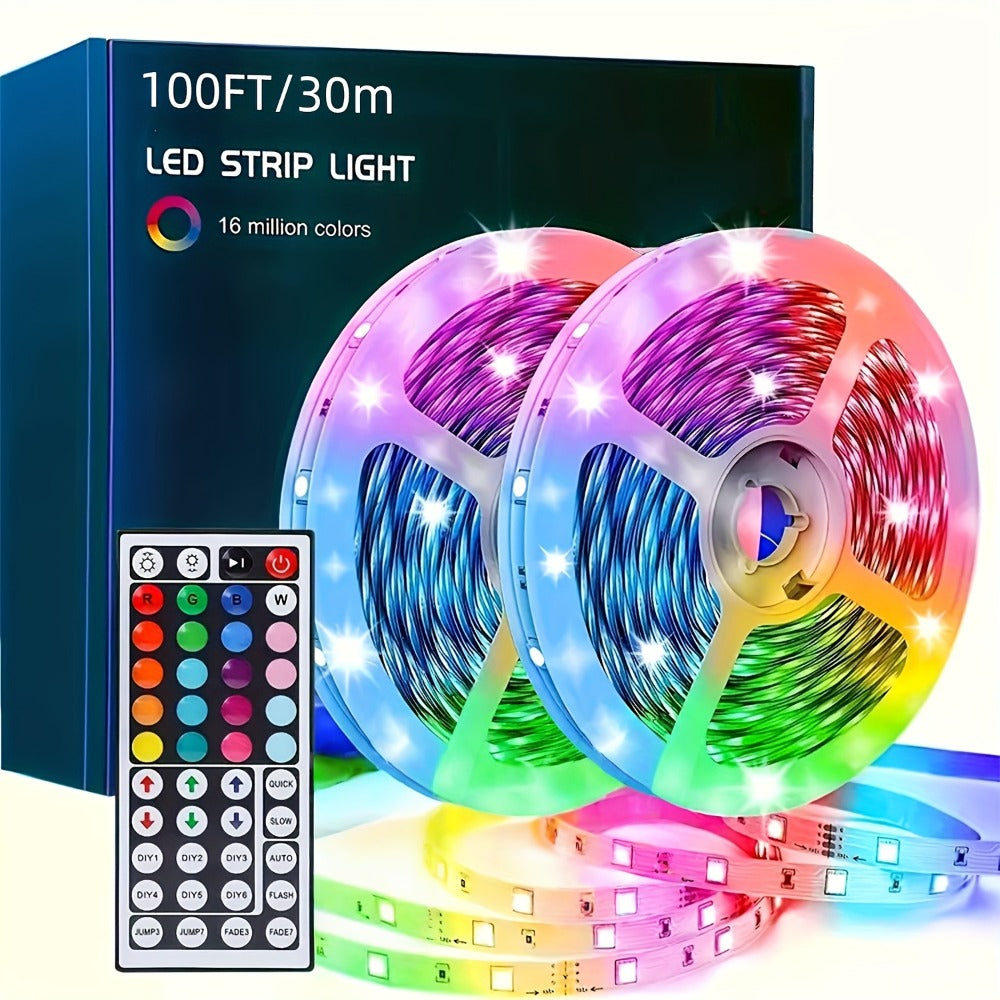 LED Strip Light RGB 100ft Two-Roll Kit with 44-Key Remote, Included Power Supply and Adhesive Backing