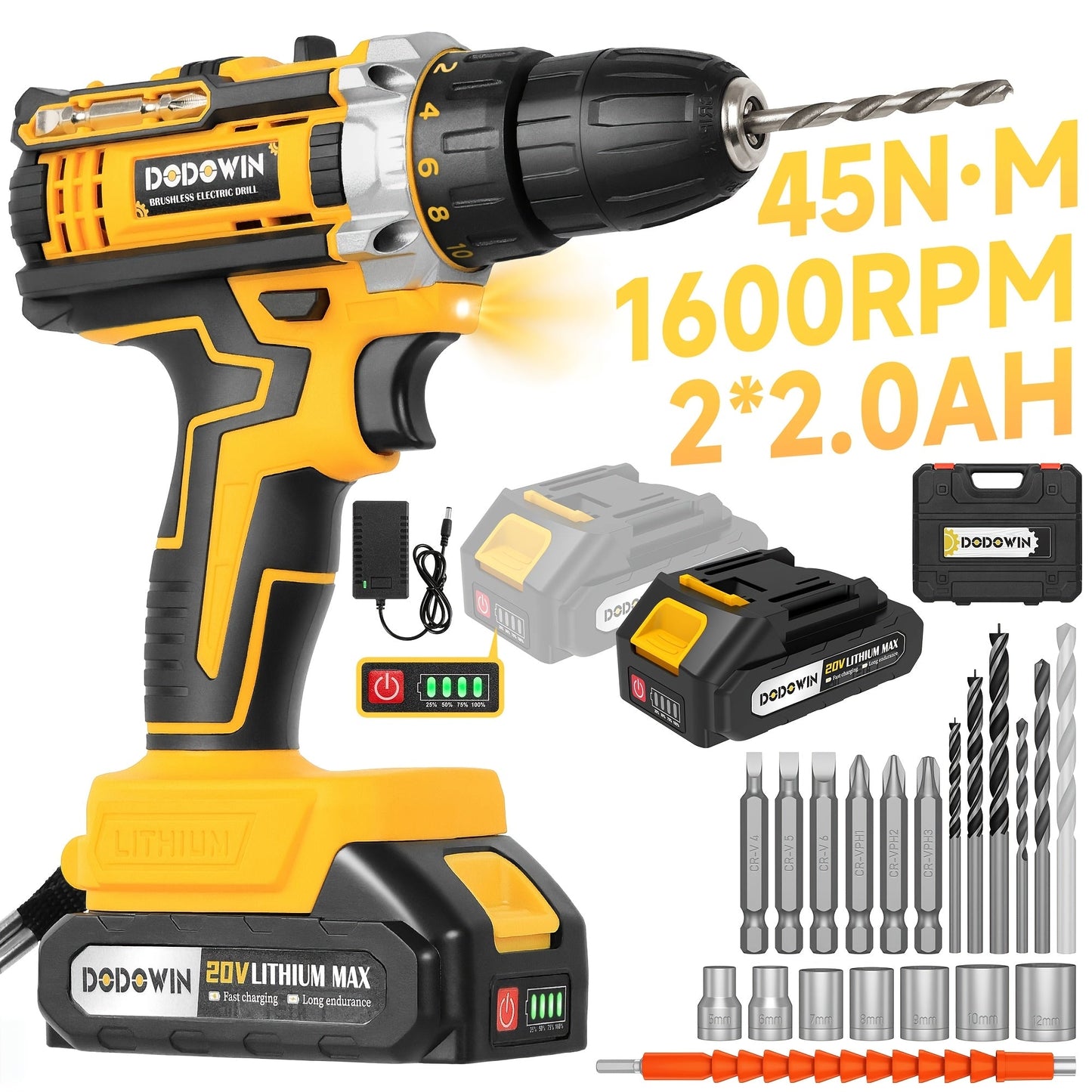 Cordless Impact Drill Set 12V / 21V Electric Drill Kit, 45Nm Torque, 2-Speed, Keyless Chuck, LED Light