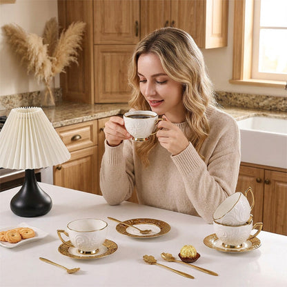 Espresso Cups Set 12 Pcs, 7.44 Oz Small Ceramic Cappuccino Cup Set with 6 Cups, 6 Trays & 6 Spoons