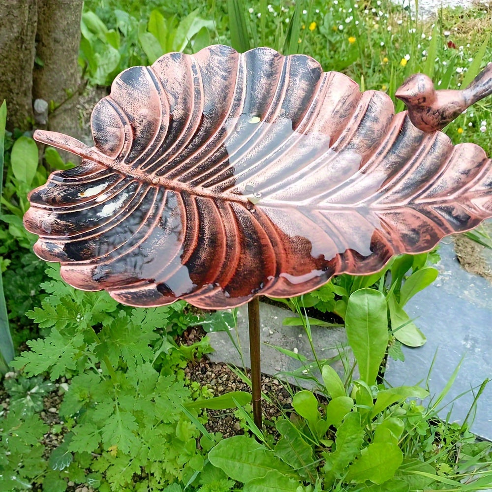 20-Inch Copper-Look Leaf Bird Bath with Bird Accent and Two-Prong Garden Stake for Yard and Lawn