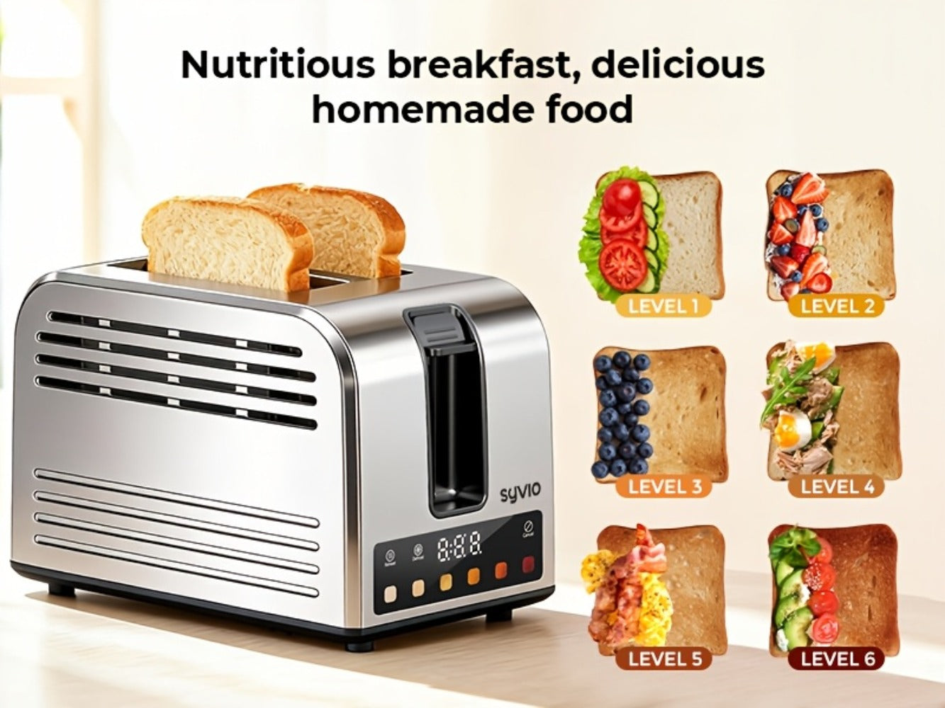 Toaster 2-Slice Stainless Steel Smart Touchscreen, 5 Bread Types, 6 Browning Levels, Wide Slots, Temperature Control