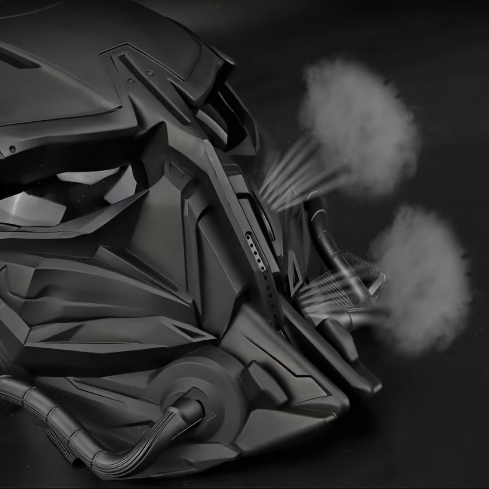 Black Mechanical Costume Mask with Sculpted Lower-Face Panel, Dark Eye Visor and Side Vent Details