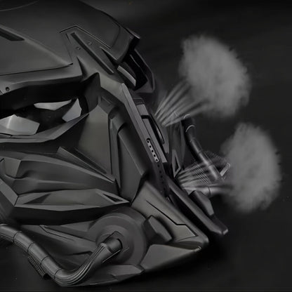 Black Mechanical Costume Mask with Sculpted Lower-Face Panel, Dark Eye Visor and Side Vent Details