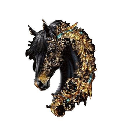 Ornate Horse Silhouette Wooden Jigsaw Puzzle with Gold-Tone Scrollwork in Three Size Options for Display