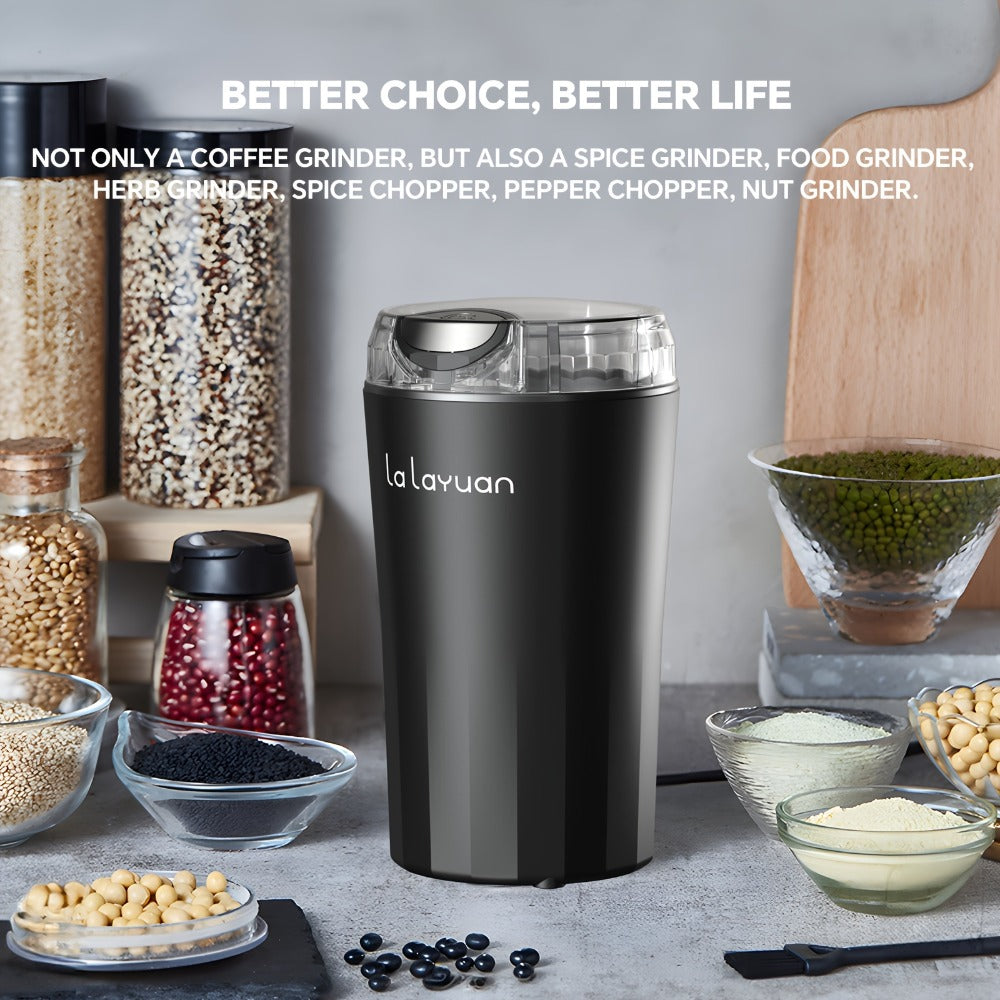 200W-Labeled Electric Coffee Grinder with Press-Lid Control, Two-Leaf Blade and Three Housing Options
