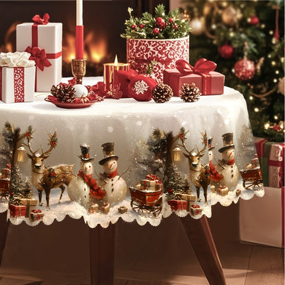 Tablecloth with Snowman, Reindeer and Christmas Tree Print in Round, Oval and Rectangle Sizes