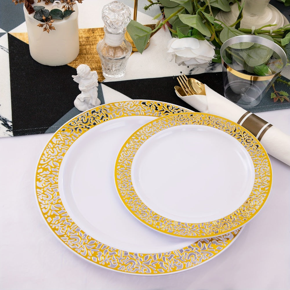 Gold Disposable Dinnerware Set for 50 Guests 350pcs, Includes Dinner Plates, Dessert Plates, 9oz Cups with Gold Rim