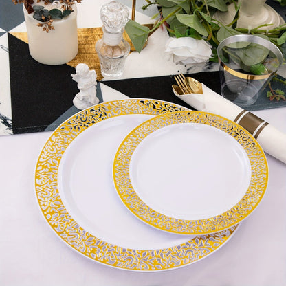 Gold Disposable Dinnerware Set for 50 Guests 350pcs, Includes Dinner Plates, Dessert Plates, 9oz Cups with Gold Rim