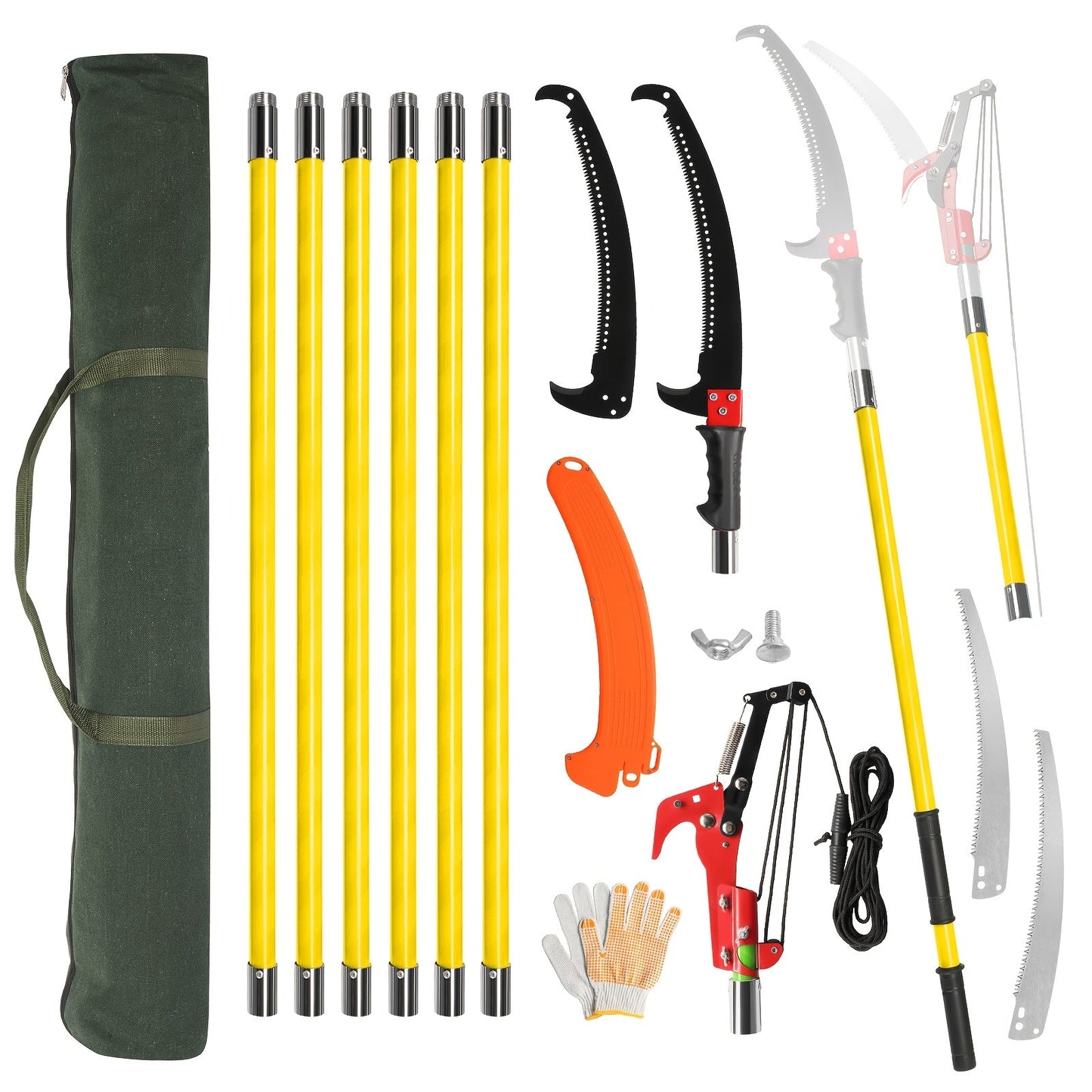 26FT Manual Pole Saw with Pruner & Bag for Garden, Patio and Yard Use, with the Listed Configuration