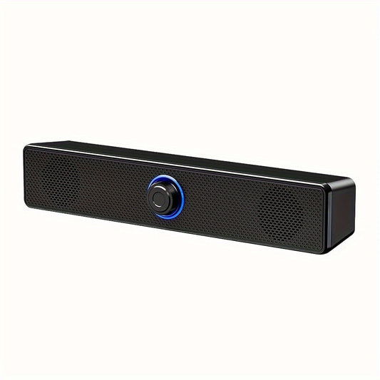 USB Wired Desktop Speaker Bar with 4D Audio Effect & Blue LED - Stereo Sound, 3.5mm AUX Input, Independent Volume Control