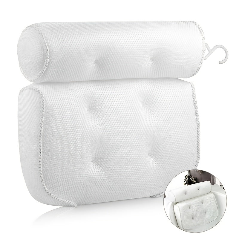 Bath Pillow 4D Grid Neck and Back Support Bathtub Cushion with 6 Suction Cups, Hooks, Quick-Dry & Machine Washable Spa Pillow for Tub