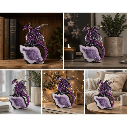 Dragon Figurine Purple Dragon Guarding Crystal Cave Statue 5.5 Inch Polyresin Sculpture Collectible Home Decor for Bookshelf Office Living