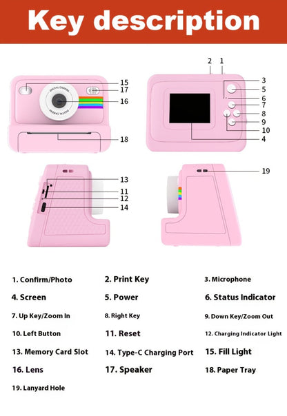 Instant Print Digital Camera with 1-Second Photo Printing, 1080P HD Screen, Selfie & Video Camera