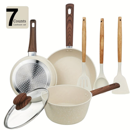 Cookware Set ABKOK 7-, 12- or 15-Piece Beige Pots and Pans with Lids, Steamer and Utensils