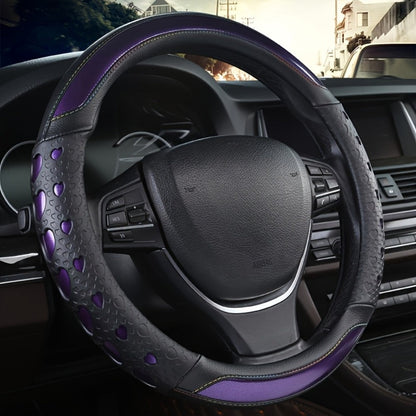 Steering Wheel Cover Faux Leather Heart Pattern – Non-Slip Wear-Resistant Anti-Aging All-Season Car Interior Accessory, Sports Style