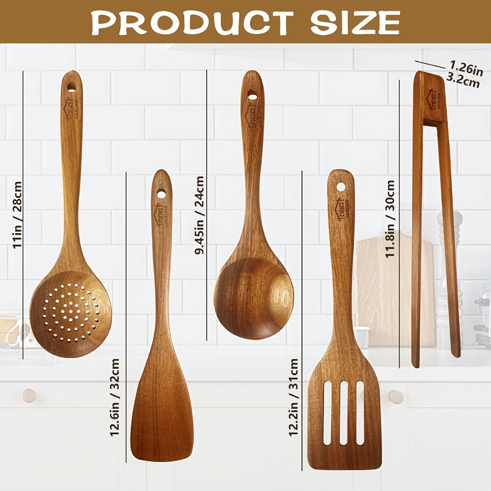 Kitchen Utensils by JIASING, 3-, 5- or 7-Piece Wood Spoon, Spatula, Ladle and Egg-Beater Set Options