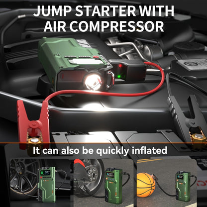 Green Jump Starter and Tire Inflator Enhanced Version with Digital Pressure Display and Clamp Leads