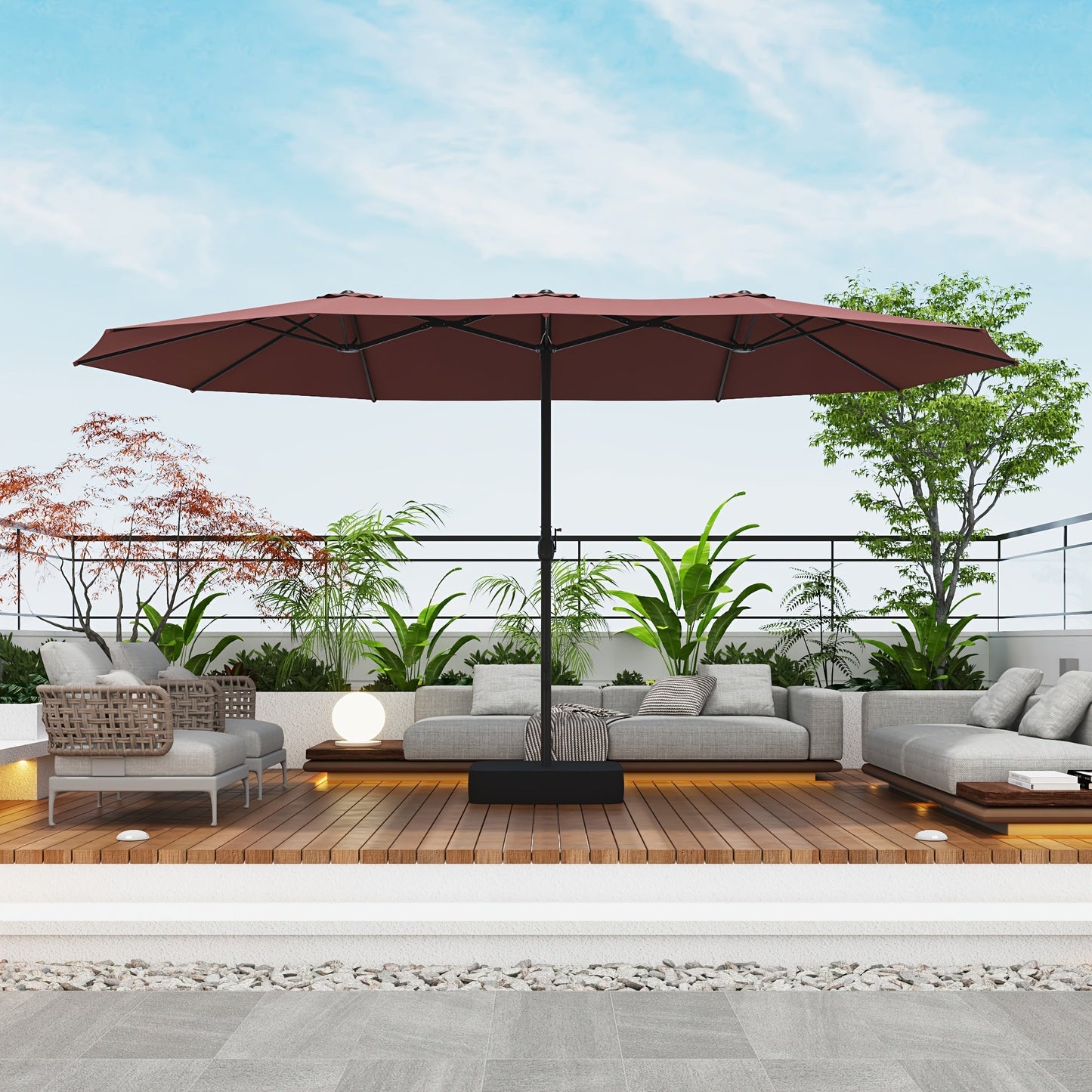 Patio Umbrella 15x9FT Double-Sided Rectangle with Optional 36 LEDs, 12-Rib Frame and Eight Color-Light Options