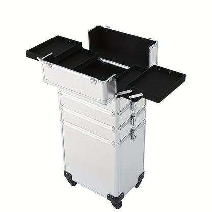 Rolling Makeup Case Aluminum 4-in-1 Extra Large Professional Cosmetic Trolley with 360° Swivel Wheels for Makeup Artist Tattoo Artist Salon
