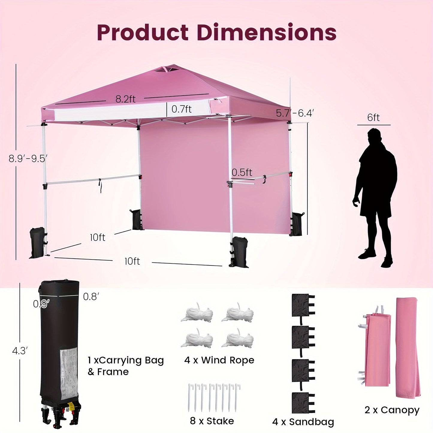 Pink 10x10ft Commercial Pop-Up Canopy Tent with Sidewall, Hanging Bars, Crossbars and Banner Strip