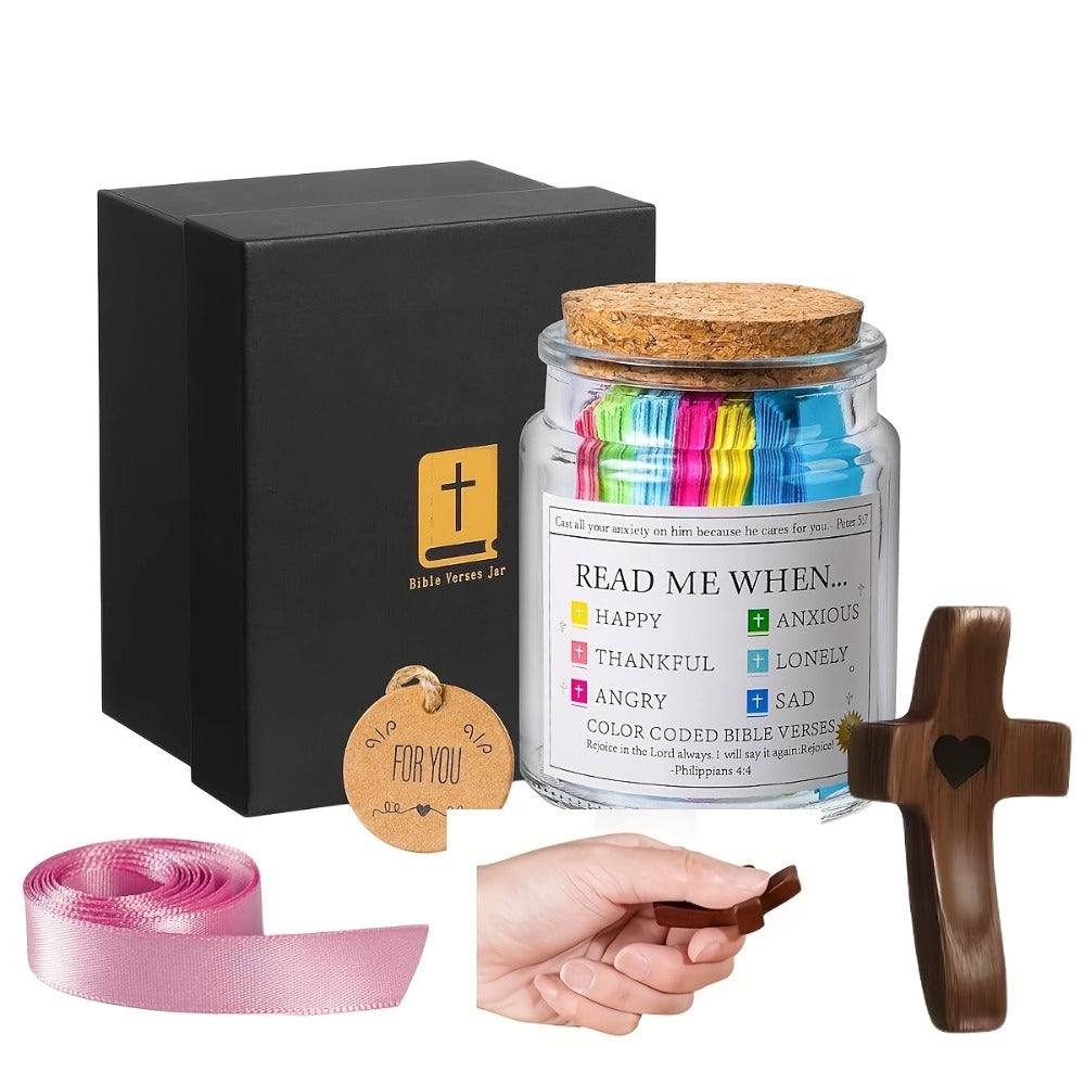 Bible Verse Jar with Handmade Wooden Cross 92 Scripture Cards Christian Gift Set for Women – Easter, Christmas, Birthday