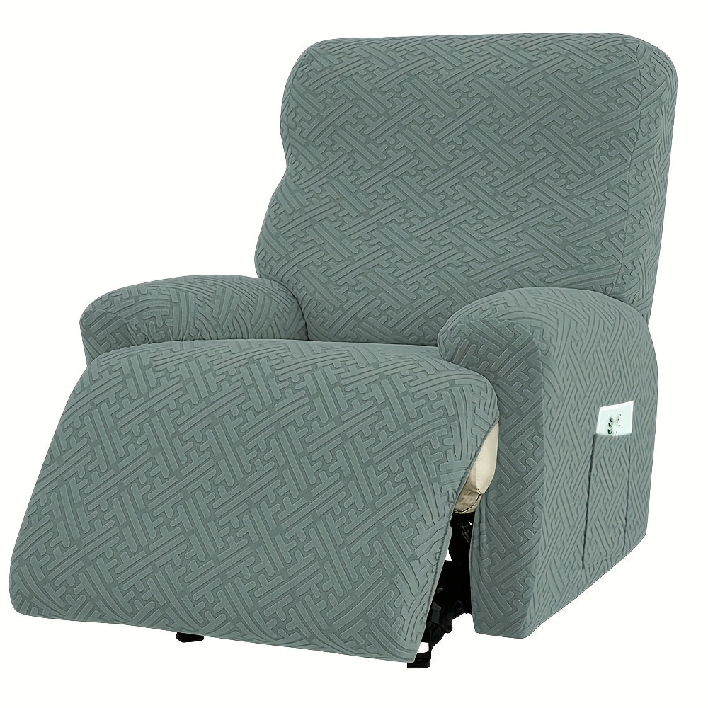 Four-Piece Maze Jacquard Recliner Chair Cover Set with Side Pocket and Nine Solid Color Options