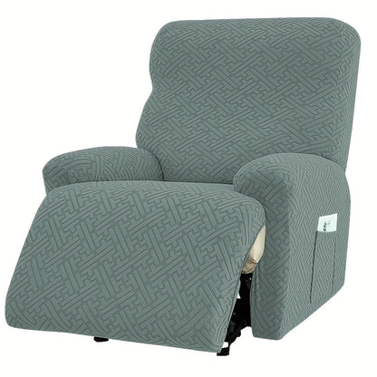 Four-Piece Maze Jacquard Recliner Chair Cover Set with Side Pocket and Nine Solid Color Options