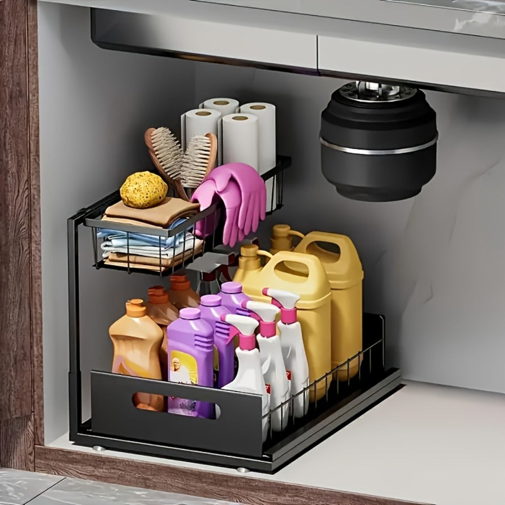Under Sink Organizer Pull Out, 2-Tier Slide Out Cabinet Organizer with Adjustable Shelves, Under Sink Storage Rack for Kitchen Bathroom