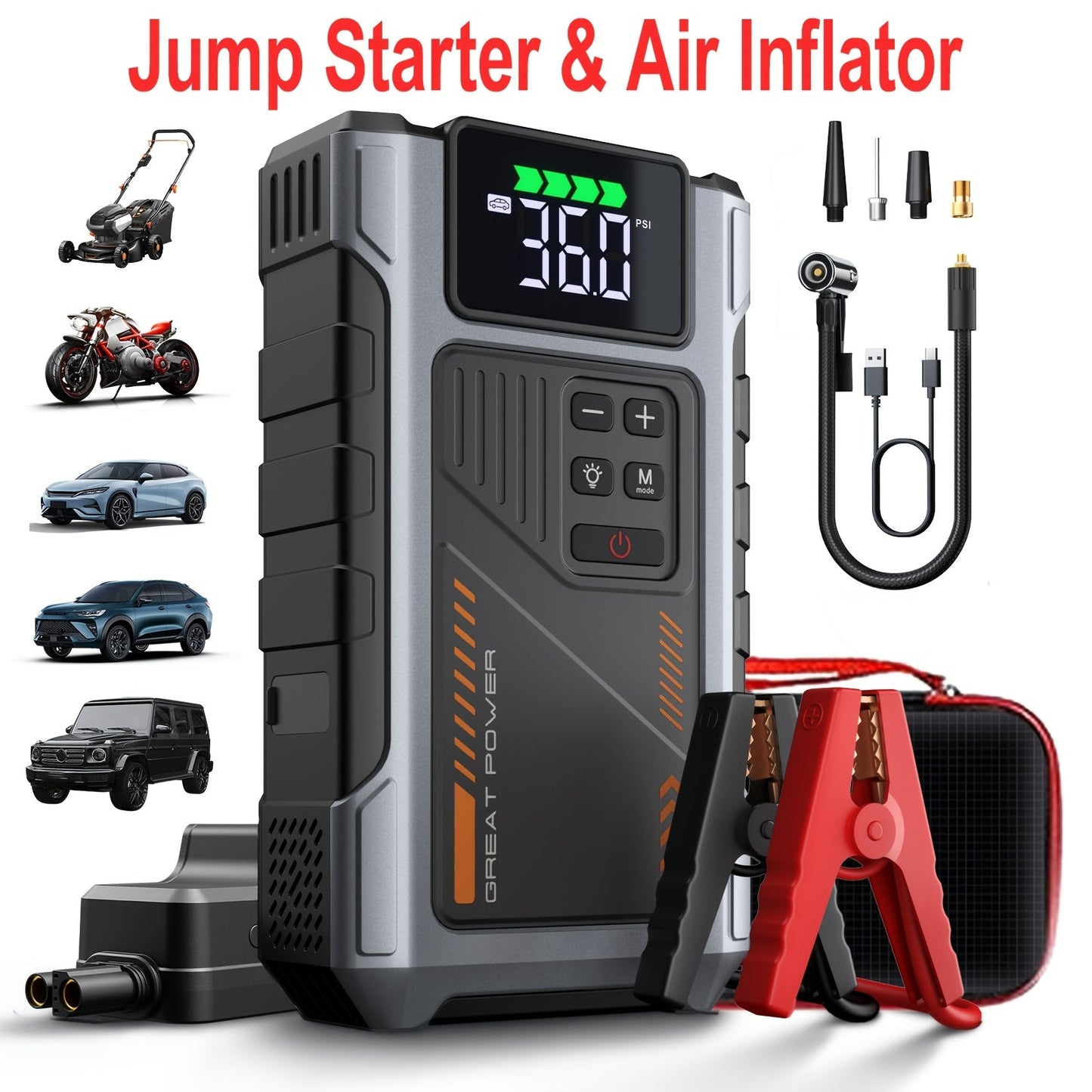 Portable Jump Starter 9-in-1 with Air Compressor – 12V Car Battery Booster for 8.0L Gas & 6.5L Diesel, USB-C, LED Emergency Light