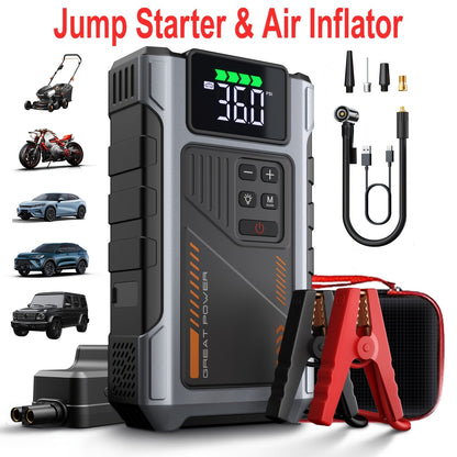 Portable Jump Starter 9-in-1 with Air Compressor – 12V Car Battery Booster for 8.0L Gas & 6.5L Diesel, USB-C, LED Emergency Light